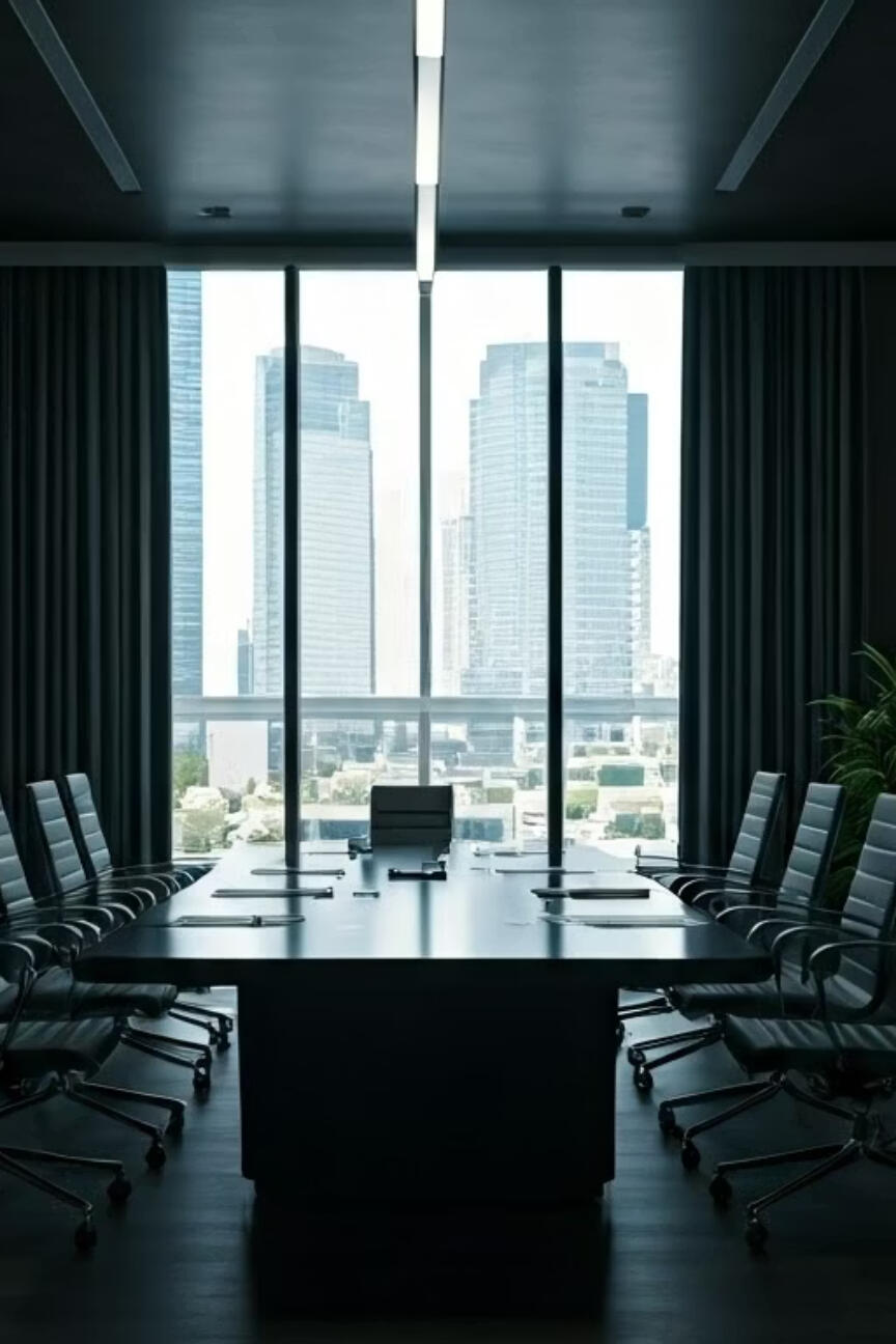 Boardroom overlooking a city skyline